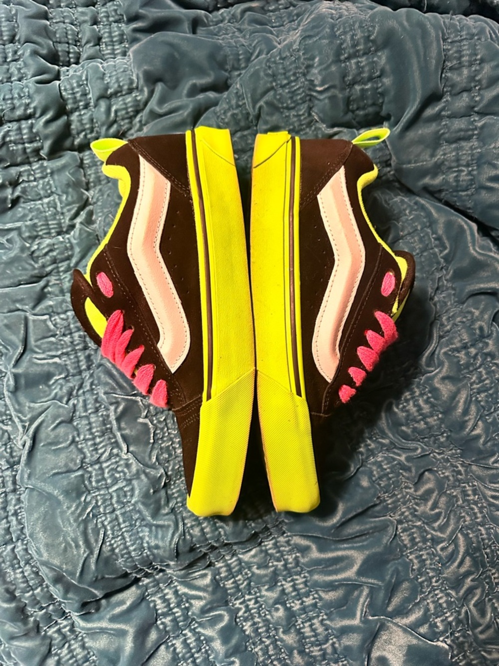 Vans Black Sneakers with Neon Pink Laces and Neon Green Trim - Picture 3 of 6